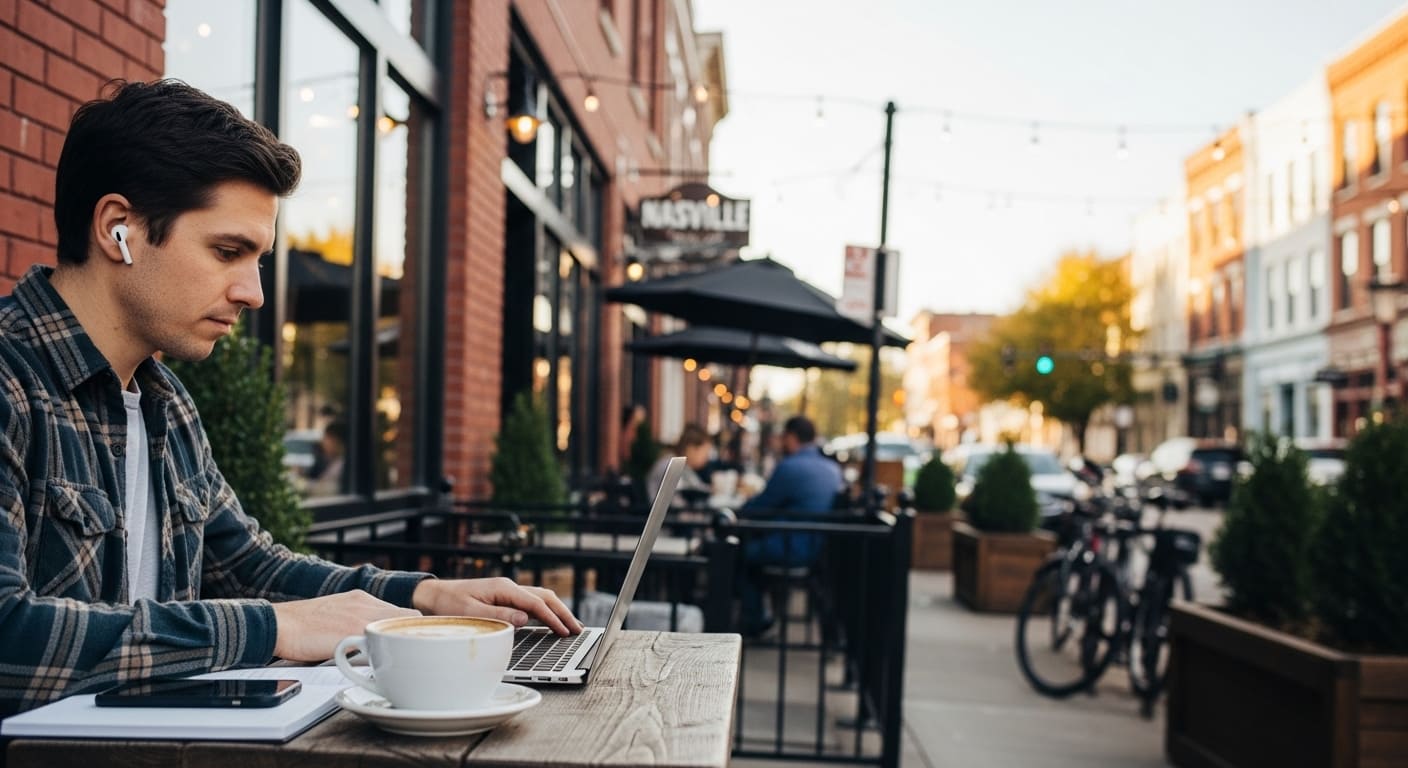 Best neighborhoods for remote workers in Nashville featuring outdoor cafe with laptop worker enjoying urban lifestyle