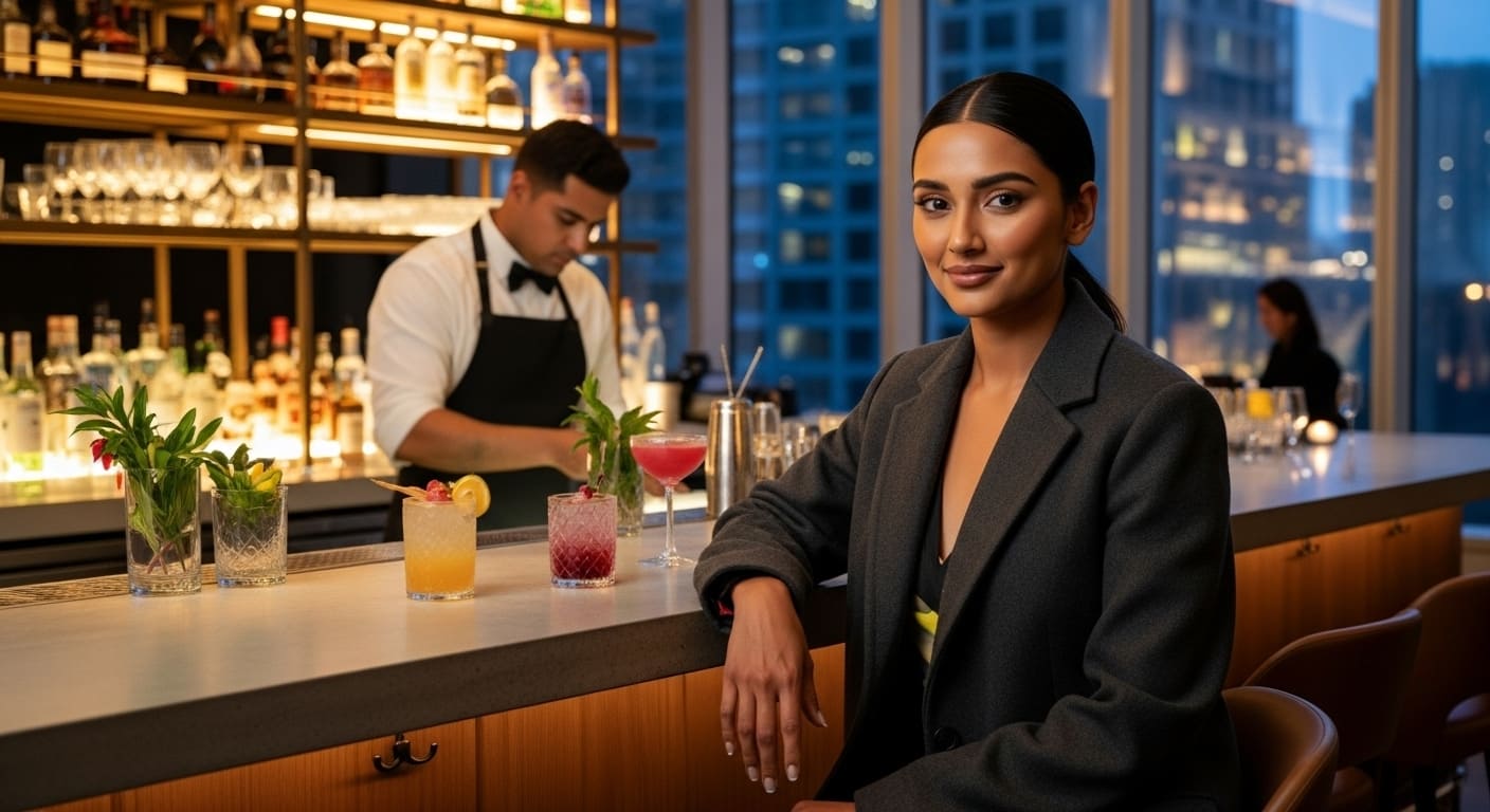 Woman at upscale bar with bartender preparing mocktails in modern Nashville cocktail lounge at evening time