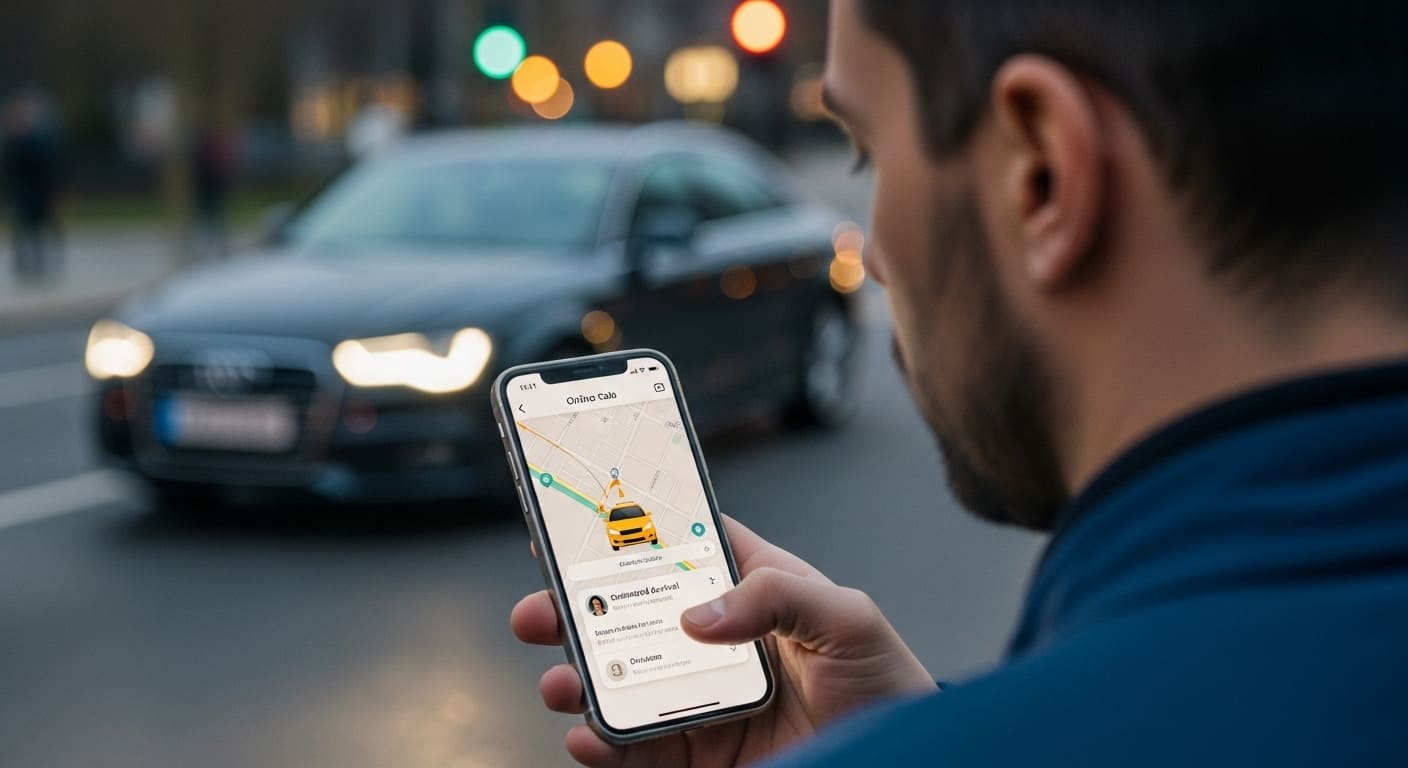 Man uses smartphone app to track reliable taxi services in Nashville with vehicle approaching on city street
