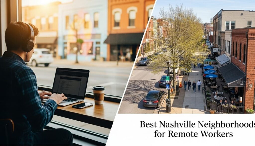Best places to work remotely in Nashville showing digital nomad at coffee shop overlooking vibrant street scene