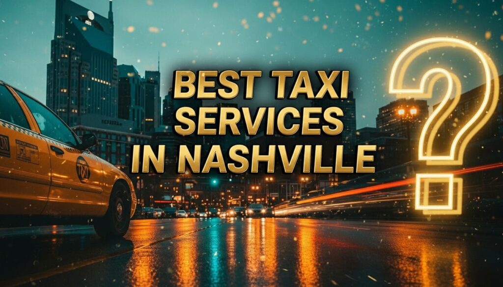 Best taxi services in Nashville showcased with glowing question mark on wet downtown streets at twilight