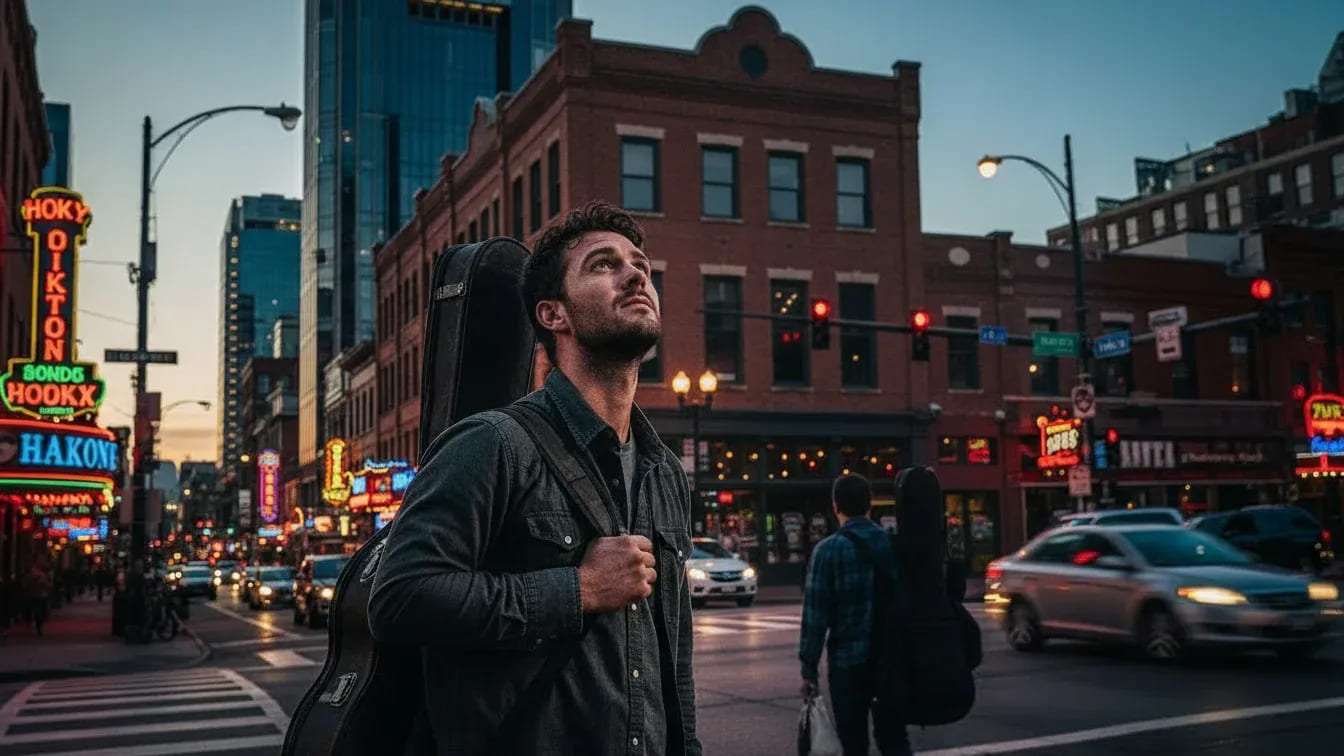 Musician with guitar case explores Broadway honky-tonk district at dusk while breaking into Nashville music industry scene