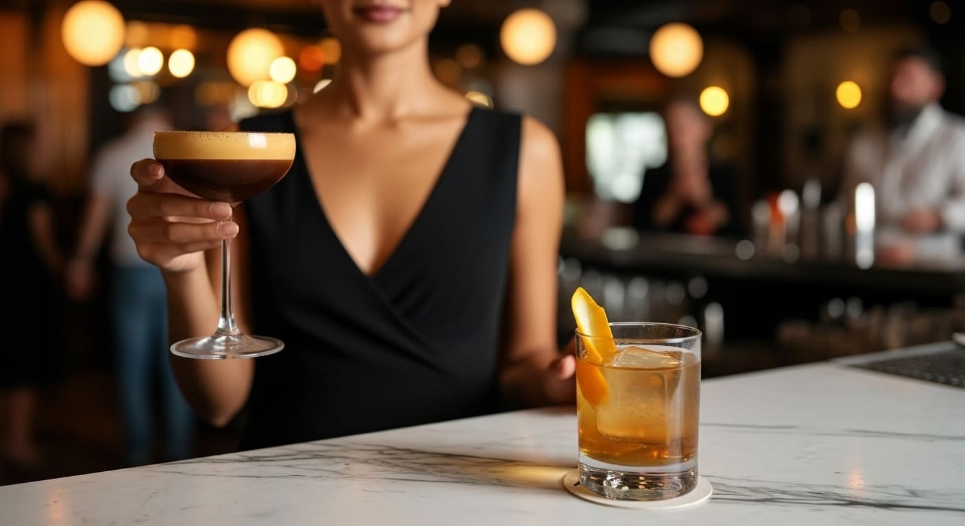 Woman holding elegant coupe glass with craft non-alcoholic drink in nashville at Cafe Roze premium bar