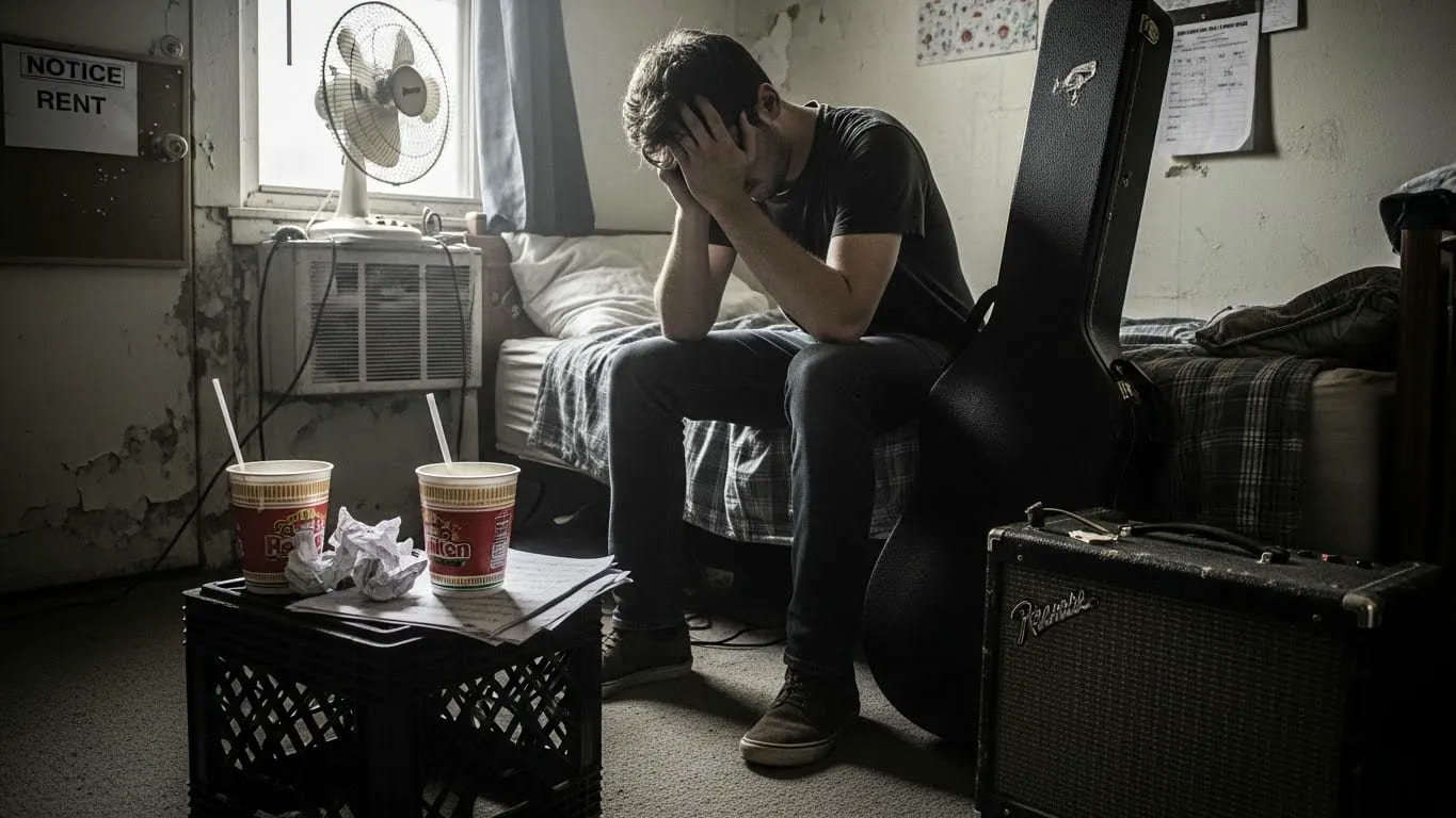 Struggling musician in Nashville deals with cost of living challenges while sitting dejected in cramped apartment with ramen cups