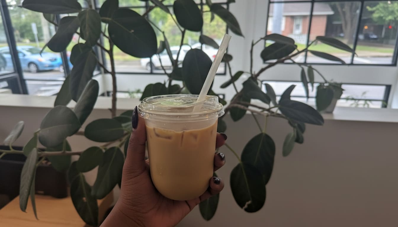 Tasty iced latte drink at Forevermore in Nashville with plants creating a cozy alcohol-free cafe vibe