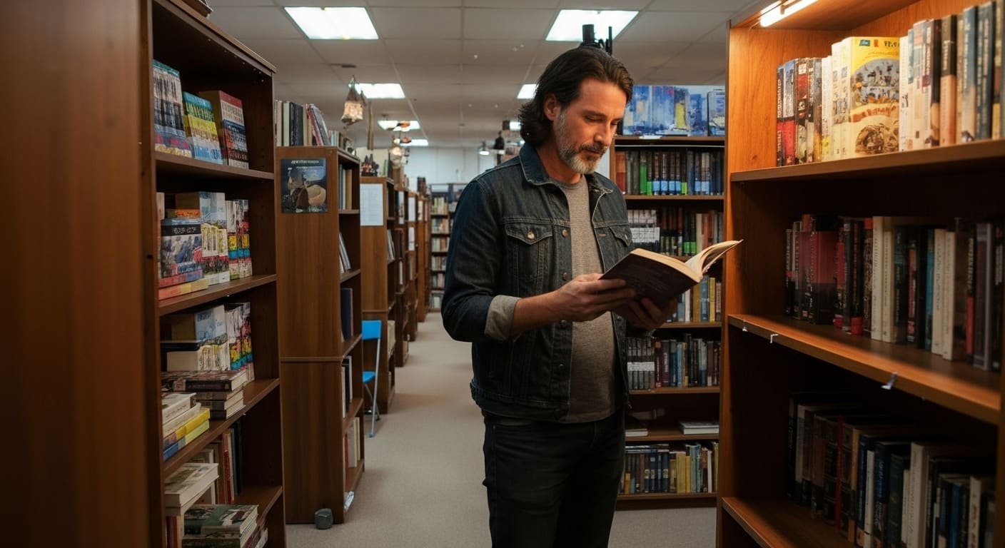 Ethan a Book lover browses The Grumpy Bookpeddler aisles discovering hidden literary gems among Nashville bookshops havens