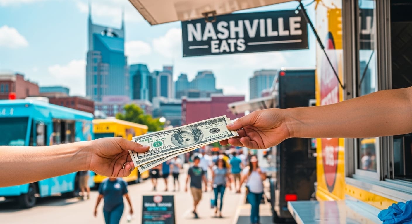 Cash transaction reveals what Nashville food trucks cost as customer pays for Nashville Eats meal at downtown vendor