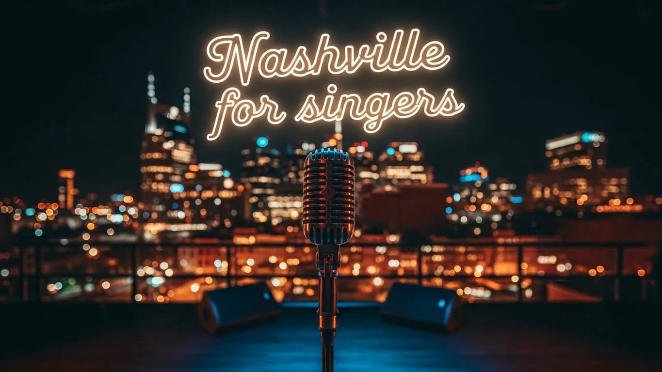 Is Nashville good for singers asks vintage microphone against glowing Music City skyline at night for aspiring vocalists
