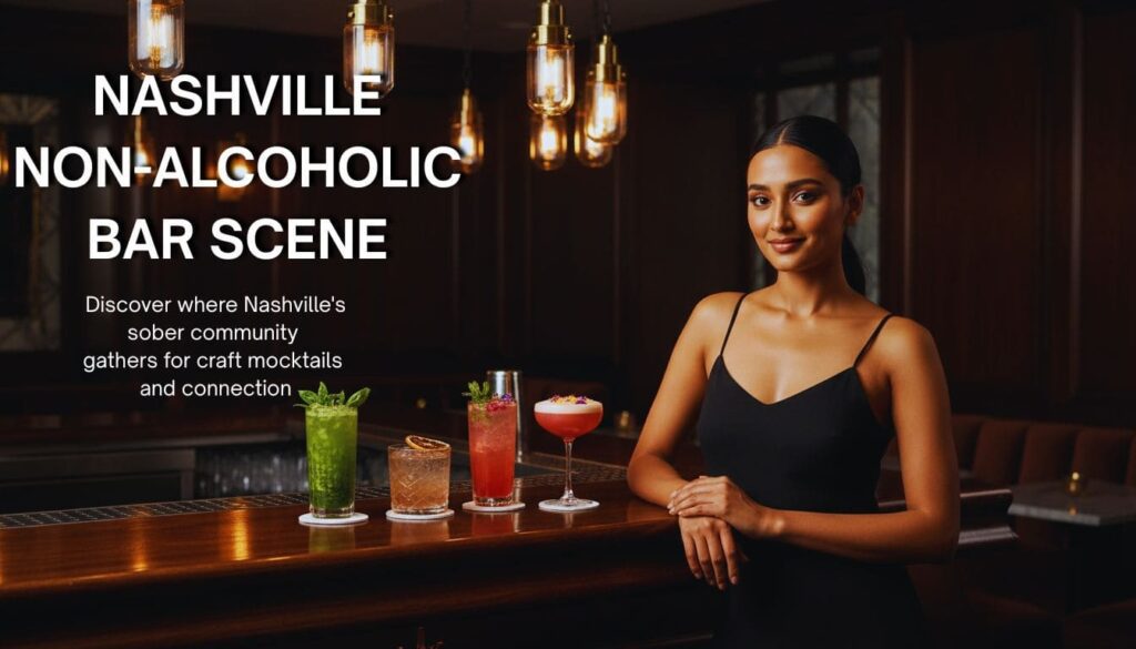 Woman presenting craft mocktails in a moody, vibrant, pendant-lit in Nashville non-alcoholic bar scene for visitors