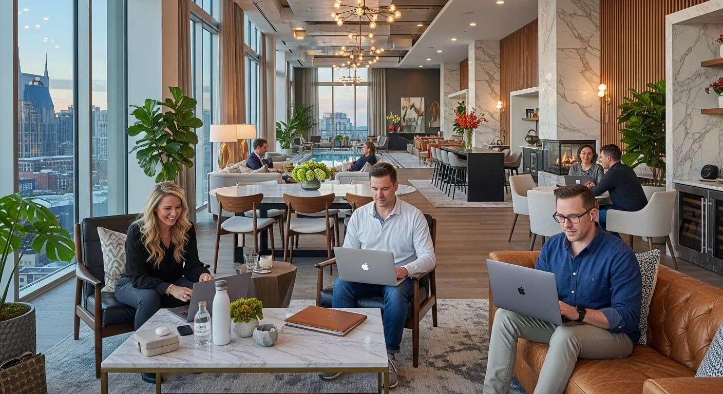 Luxury high-rise lounge in Nashville where remote professionals network with Batman Building skyline views in Background
