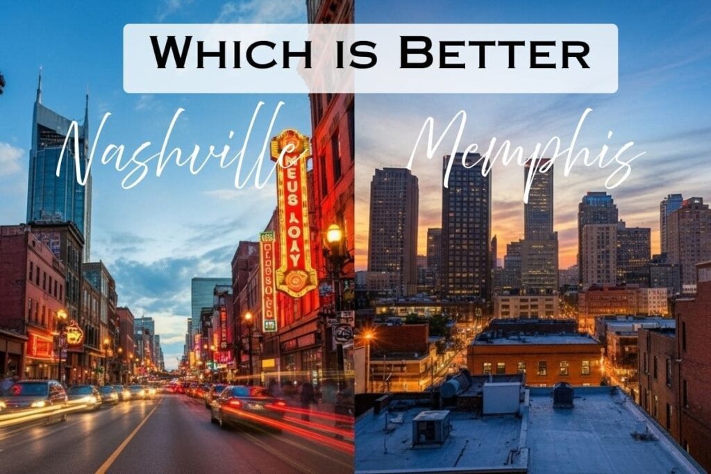 Which city is better Memphis vs Nashville split view shows iconic Broadway neon lights versus skyline