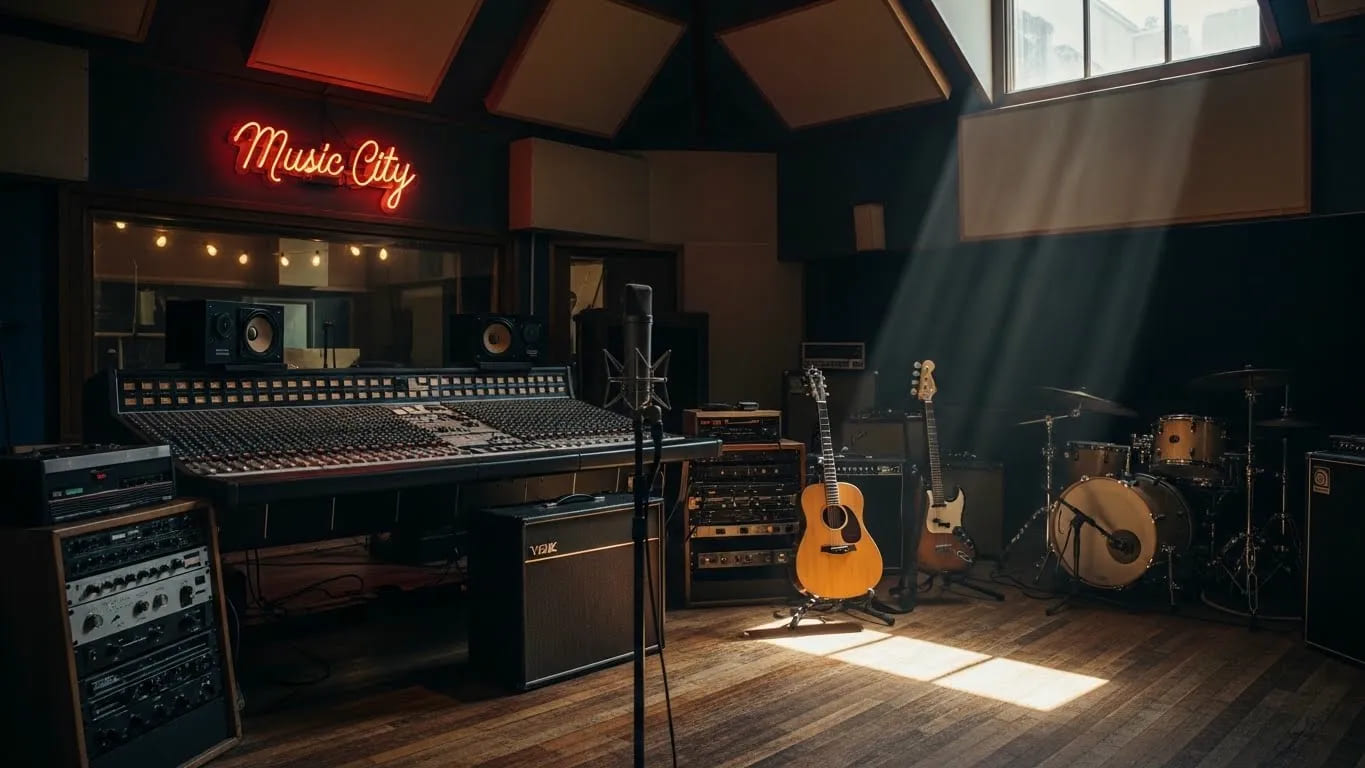 Professional Nashville recording studio features mixing console and instruments where music career opportunities in Nashville exist