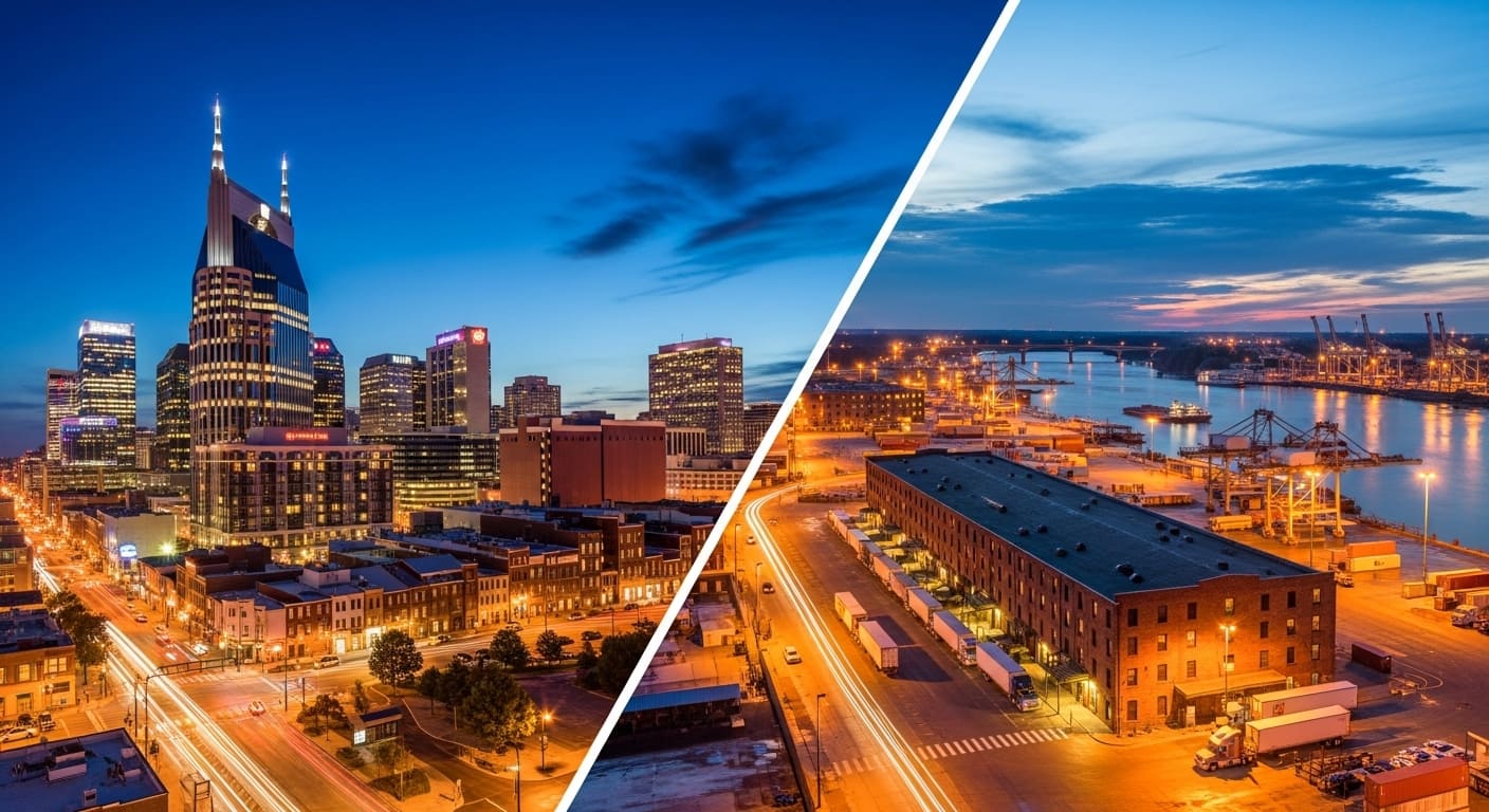 Nashville economy vs Memphis economy aerial night view highlights Music City downtown and Mississippi River port