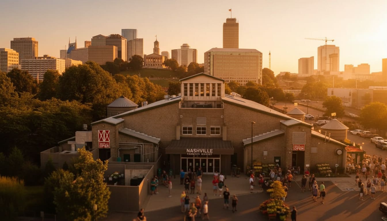 Aerial view of Nashville Farmers Market building at sunset with downtown skyline and crowds gathering for date in Nashville