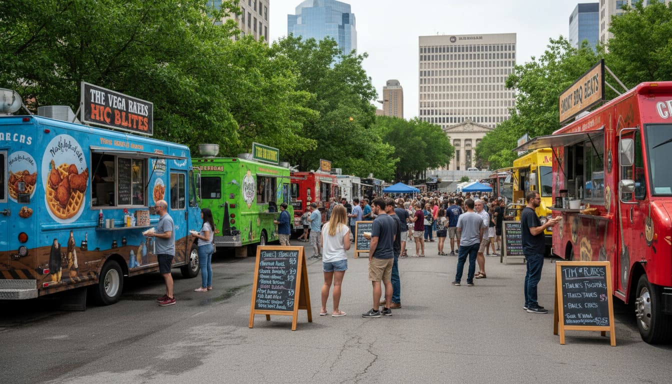 Music City food truck festival scene with multiple vendors displaying chalkboard prices for street food options