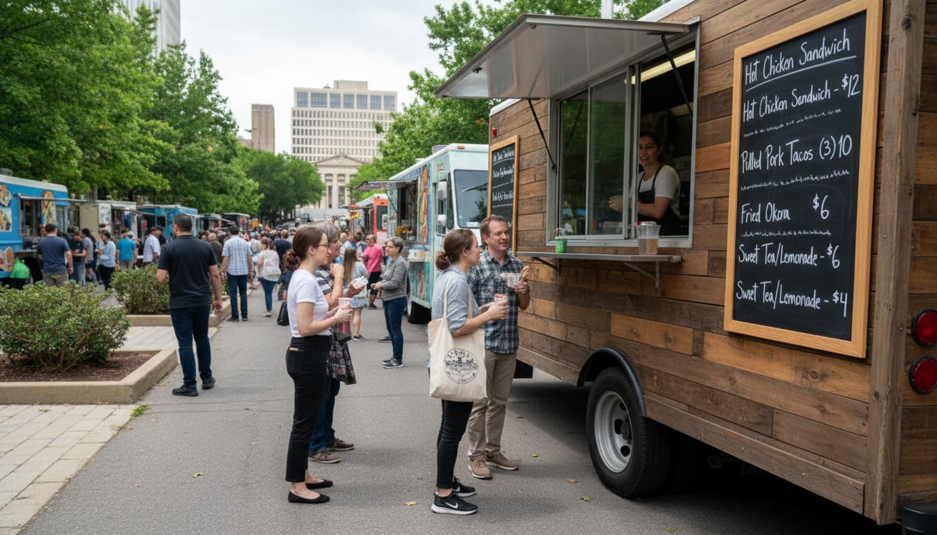 Wood-paneled Nashville food truck displays menu board with hot chicken sandwich and taco pricing for downtown customers