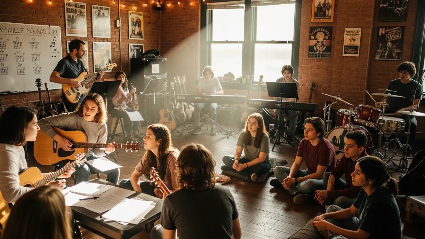 Aspiring singers attend collaborative workshop in Nashville songwriter community learning music together with guitars and drums