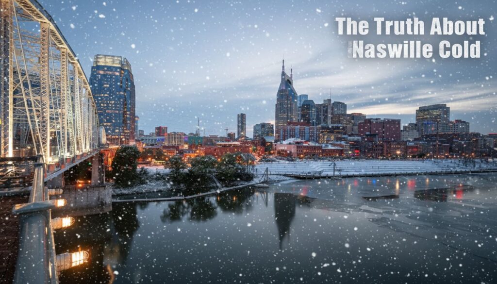 Snowing over Nashville skyline revealing the truth about winter harshness with bridge and Music City lights