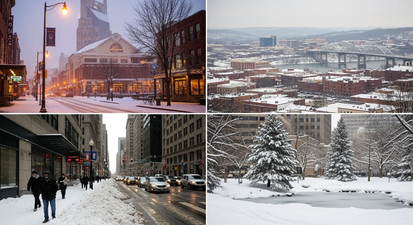 Nashville winter compared to other cities showing snow-covered streets, people walking, and Tennessee winter climate scene