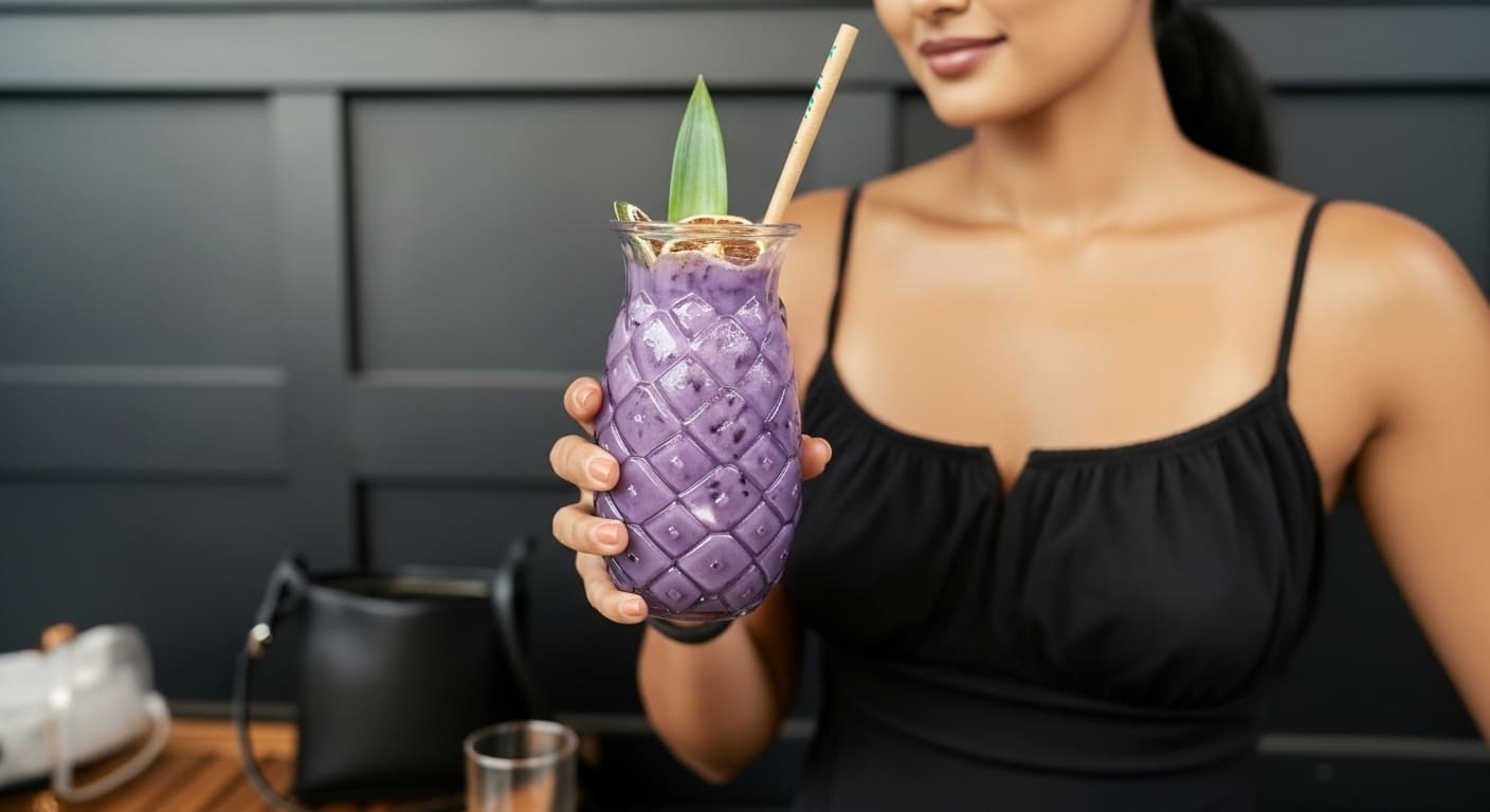 Vibrant purple alcohol free mocktail in beautiful textured glass at Noko Nashville for sober nightlife lovers