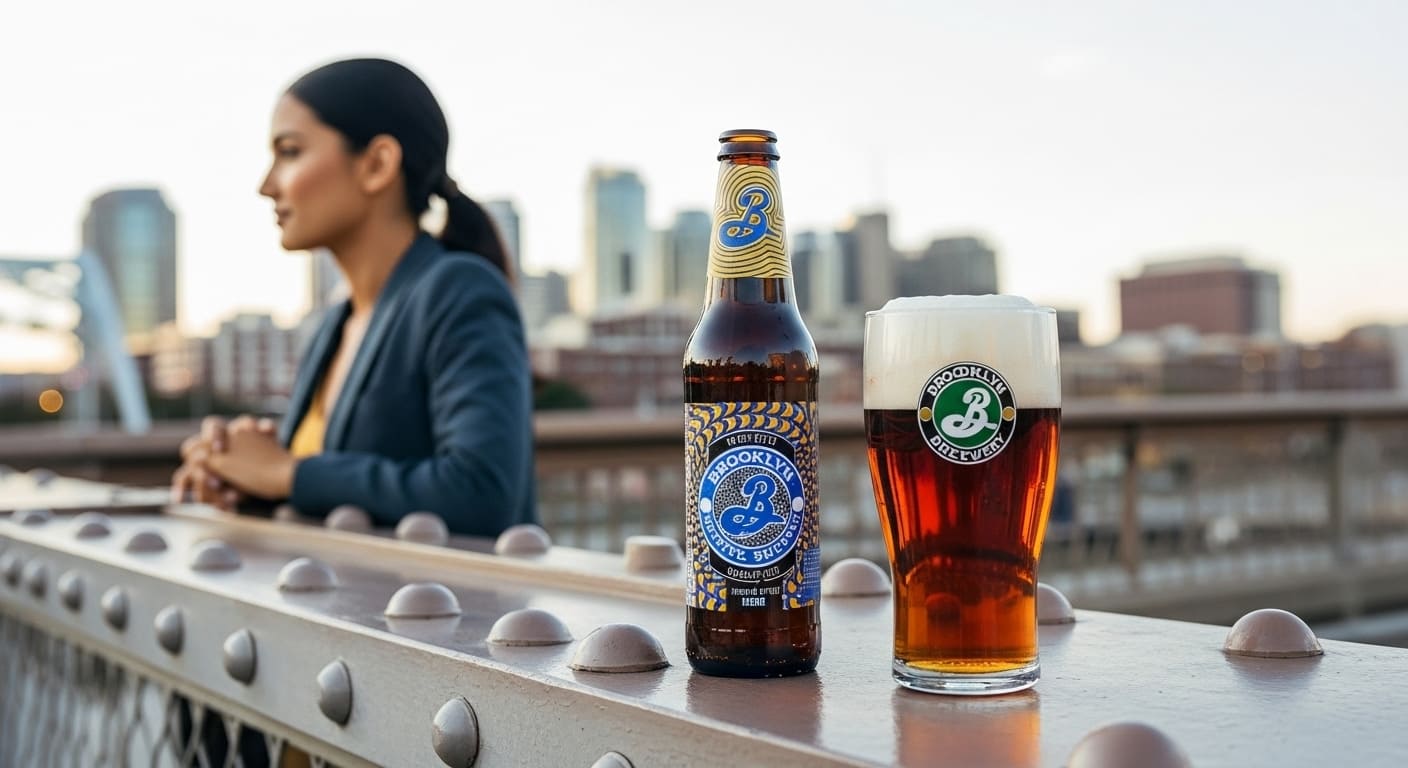 Non alcoholic beer Nashville bottle beside foamy glass on city bridge overlooking skyline with blurred woman