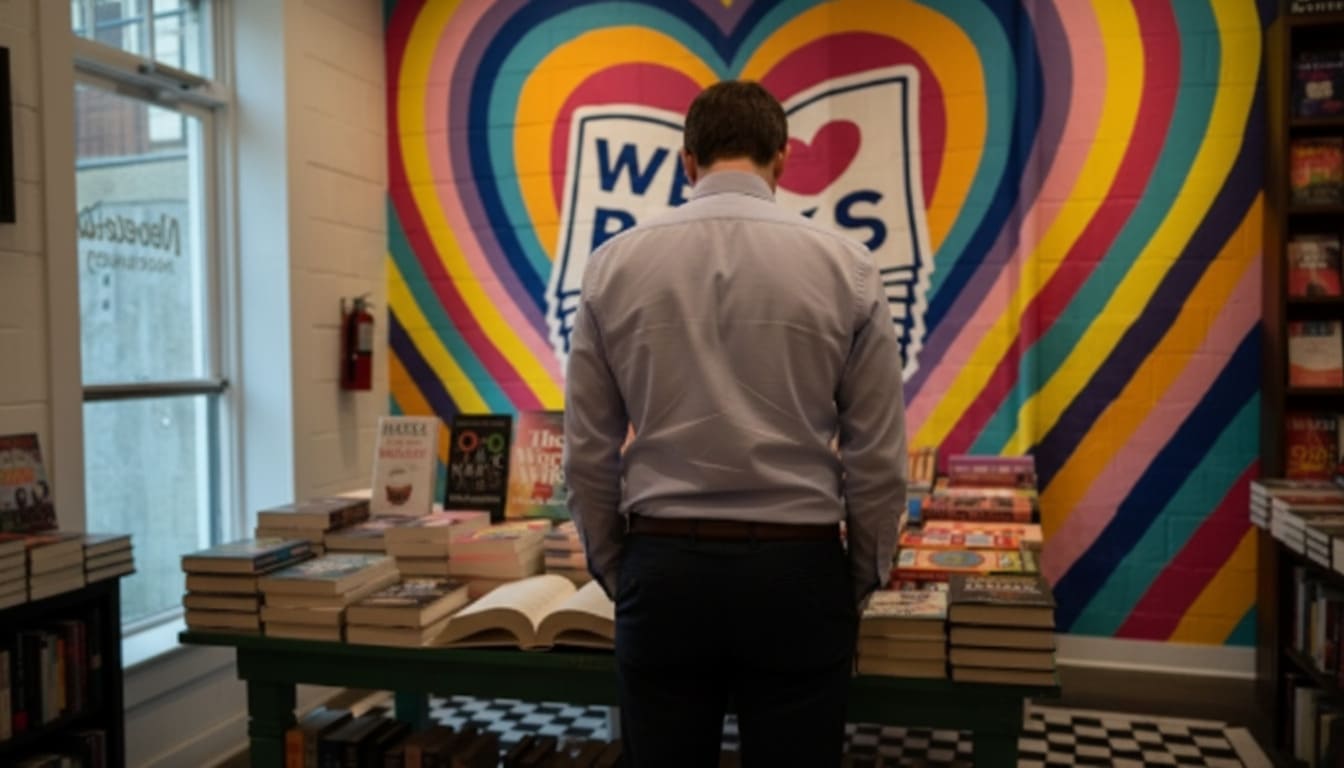 Reader admires colorful heart mural at Novelette Booksellers Nashville promoting love for local bookshops in nashville