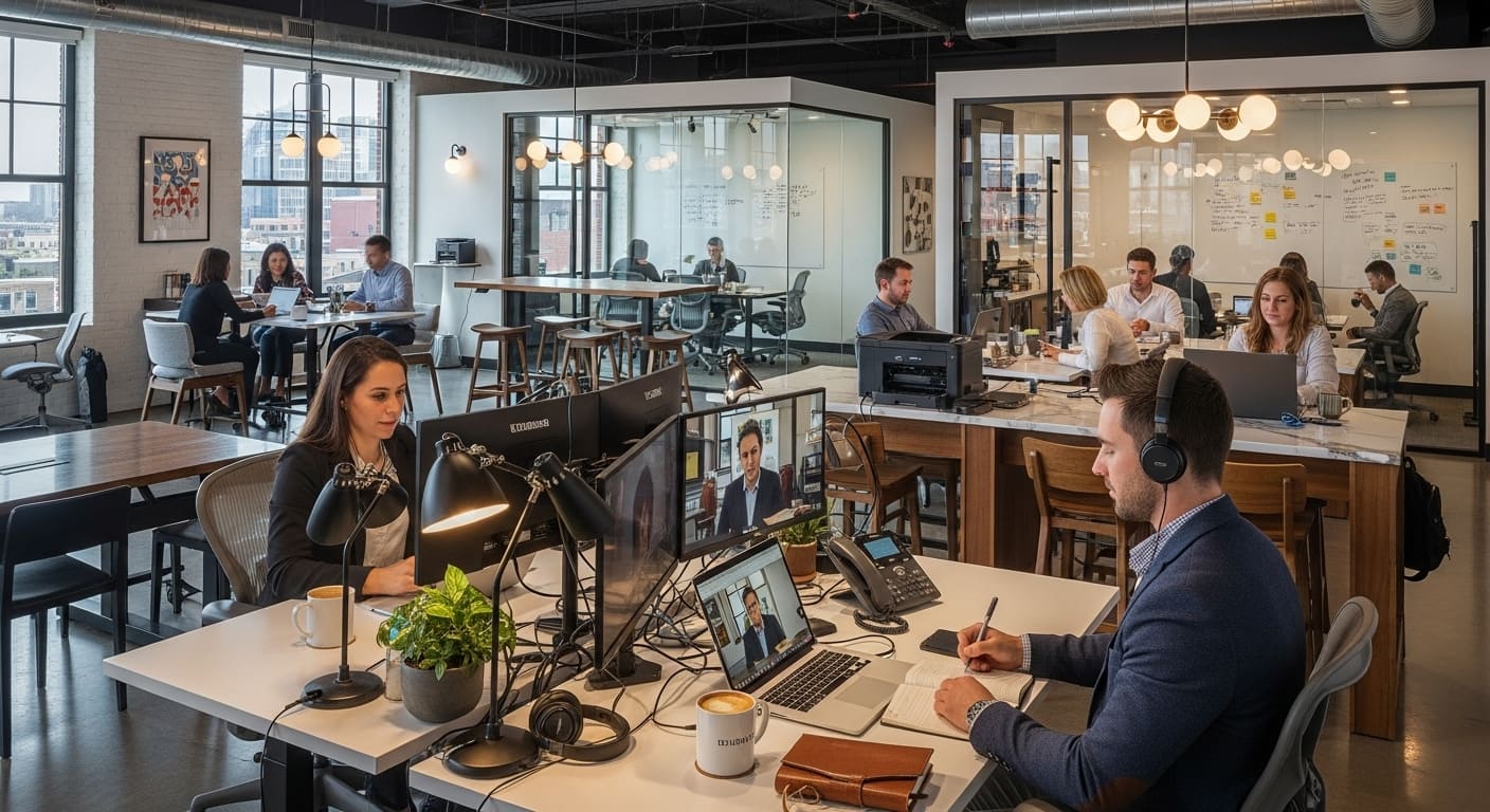 Professional coworking space in Nashville with remote workers on video calls at modern business hubs downtown