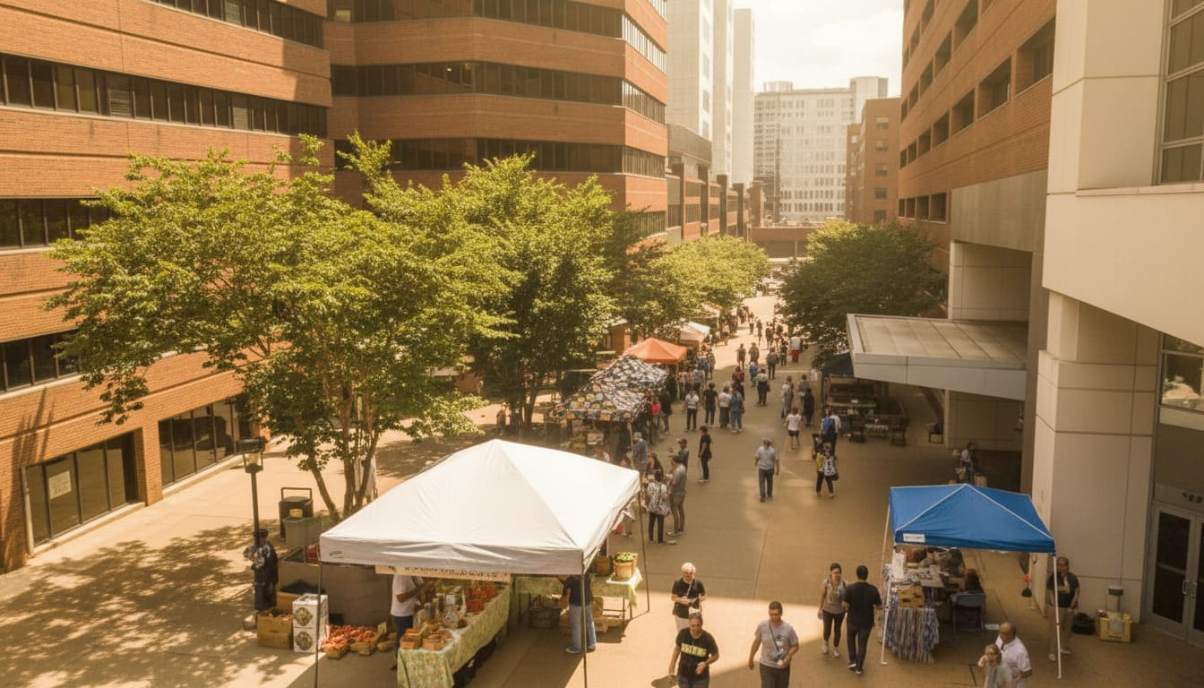 Urban plaza showcases top farmers market in Nashville with white vendor tents at Vanderbilt Medical Center