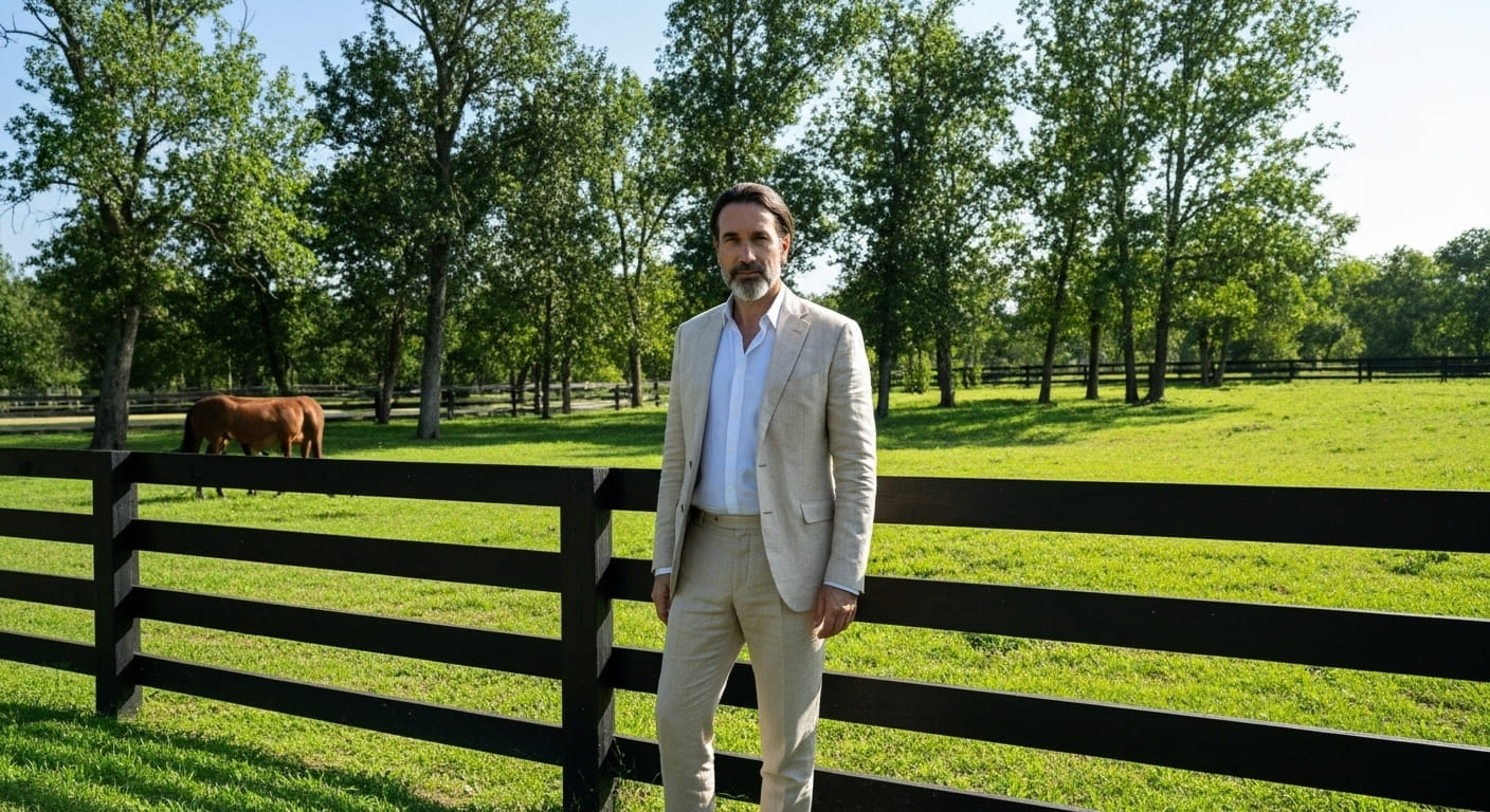 Man in light suit standing beside black fence at horse farm with cattle in Belle Meade luxury Nashville suburbs