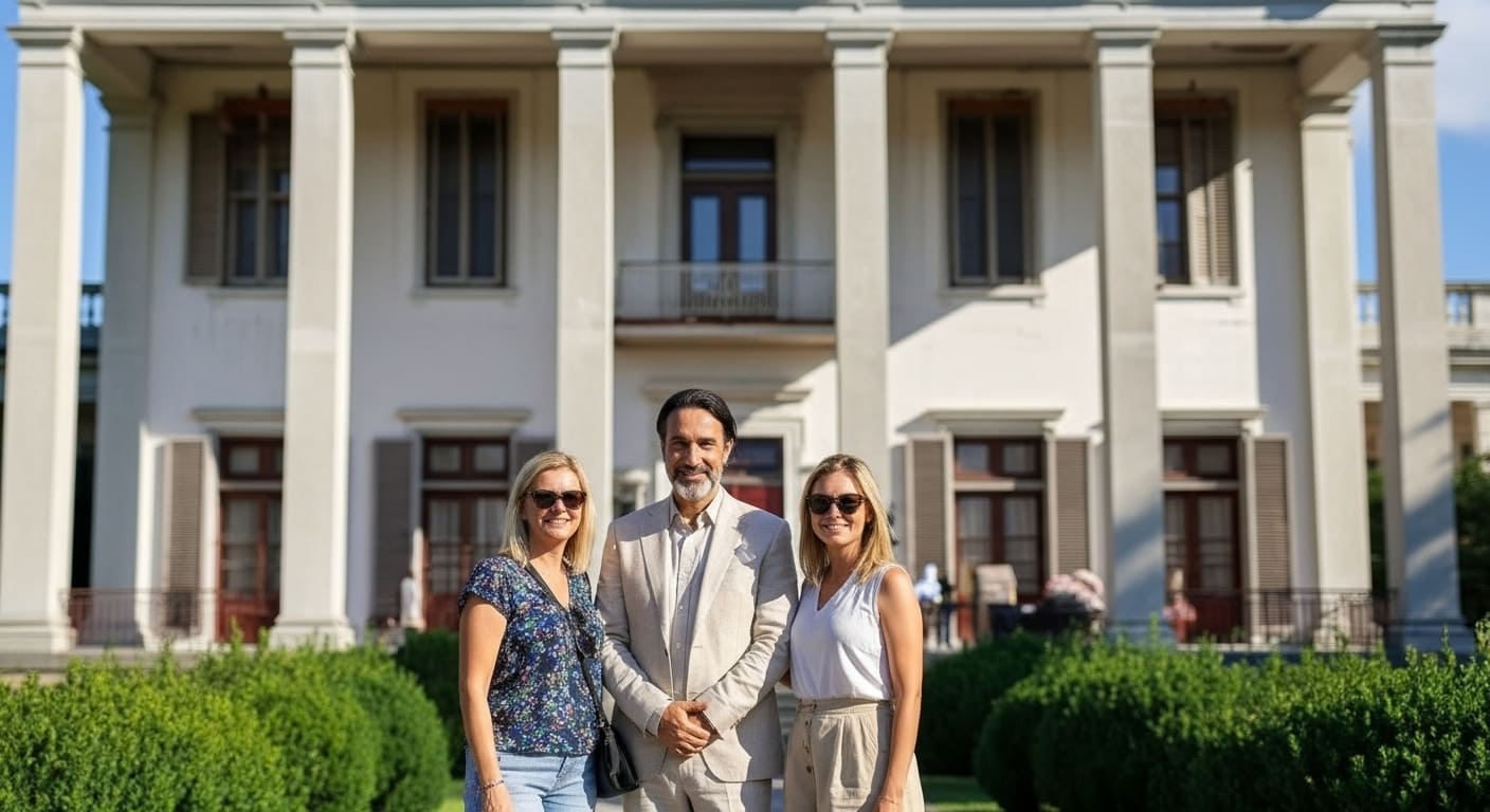 Happy family posing at Belle Meade Historic Site grand columns during Belle Meade Nashville family visit experience