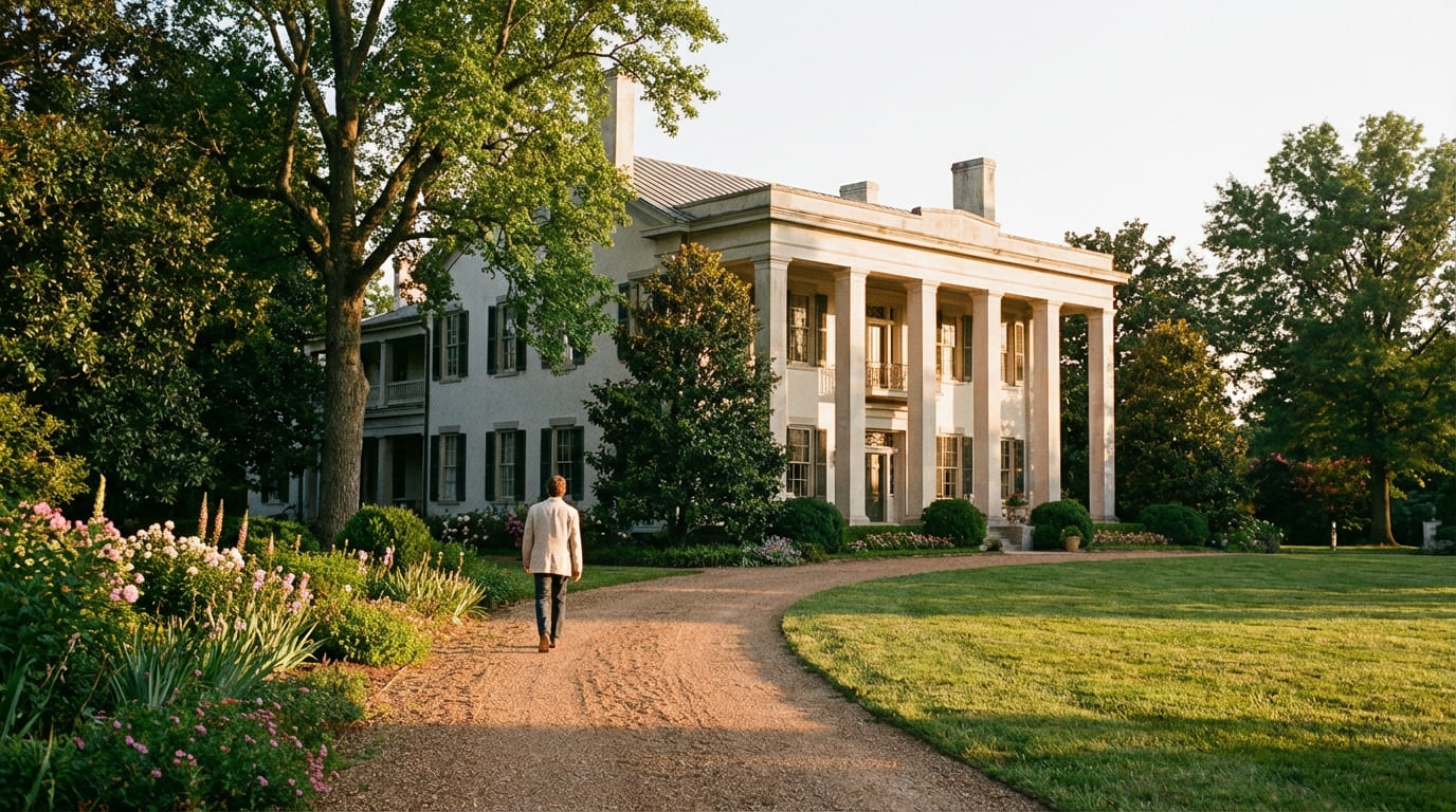 Belle Meade Greek Revival mansion glowing at golden hour proves Belle Meade Nashville worth visiting for photography