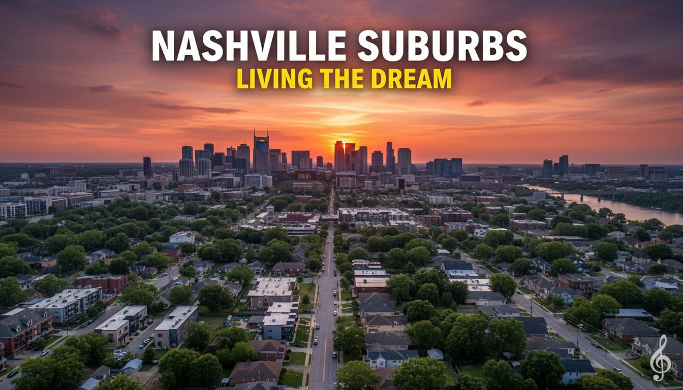 Town near Nashville with downtown skyline in backdrop and text overlay promoting best suburbs of Nashville for living