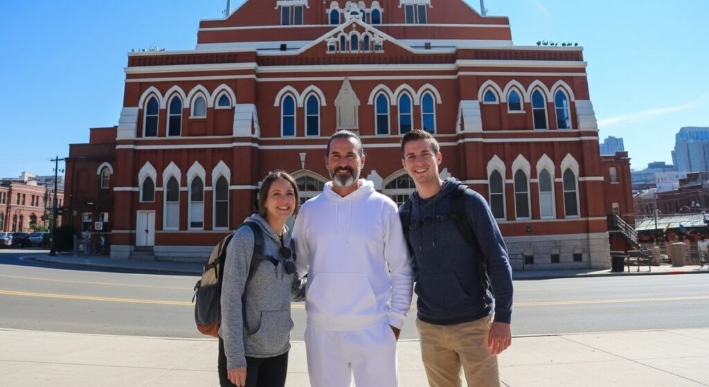 Ethan posing with tourists at iconic Ryman Auditorium during best time to visit Nashville beautiful spring