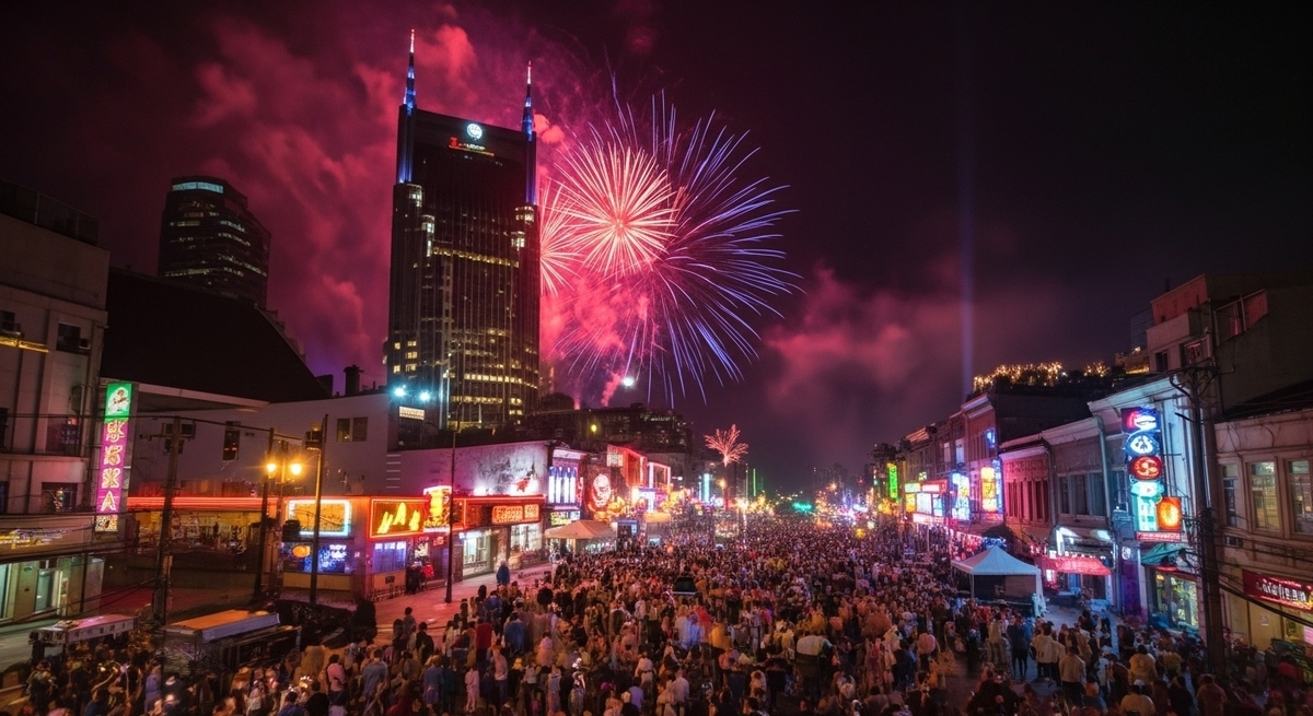 Spectacular Nashville 4th of July fireworks over downtown Broadway with massive crowds celebrating below buildings