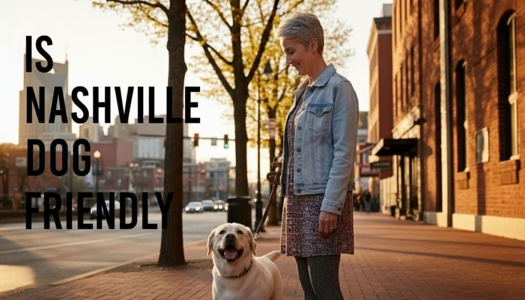 Woman walking along Labrador on Nashville downtown sidewalk during sunset showing Nashville dog friendly city streets