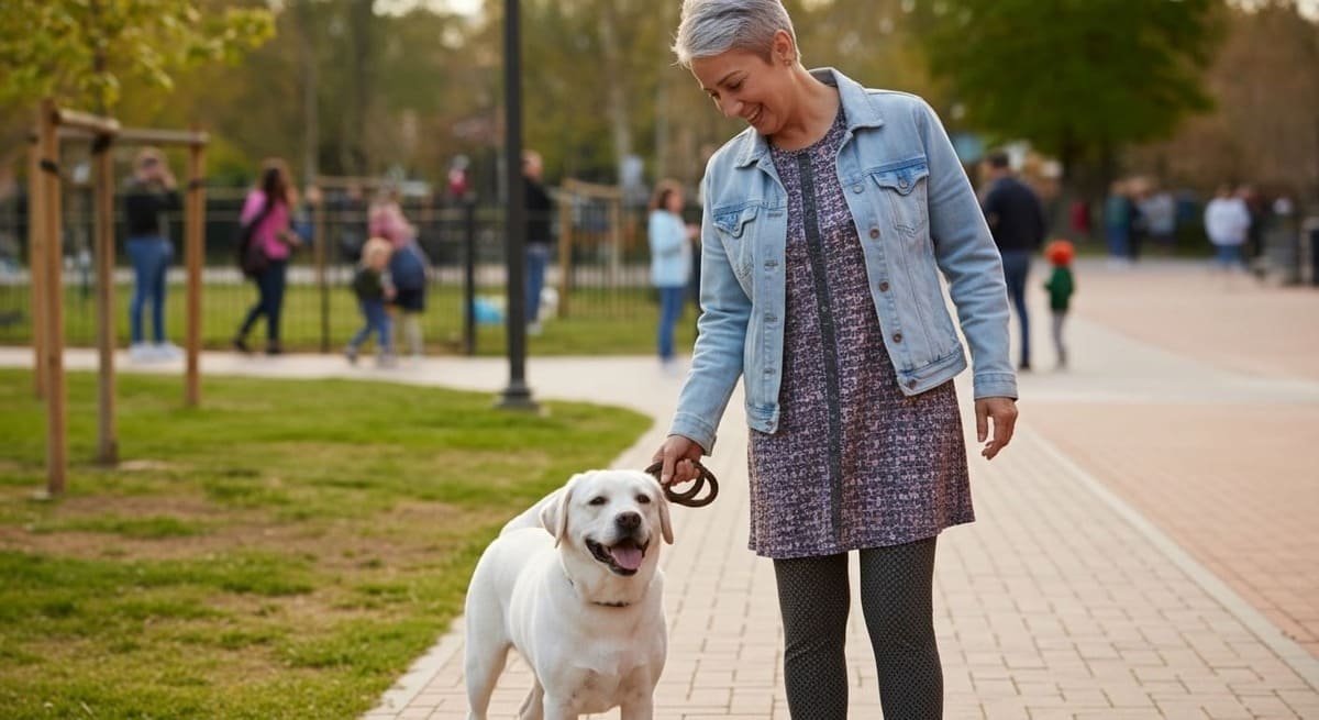 Clara walking her dog through Nashville park trails discovering best outdoor spots for dogs in downtown area