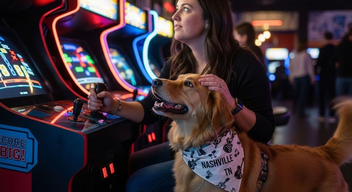 Girl with dog at Nashville indoor arcade showing unique pet-allowed entertainment venues in Music City neighborhoods