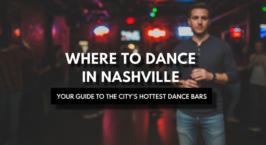 Avery stands in vibrant Nashville dance club with glowing neon signs showing where to dance in Nashville