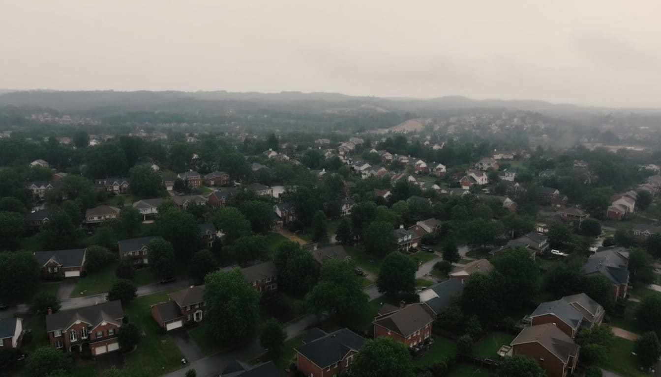 Goodlettsville misty morning fog over brick homes winding tree lined streets in family friendly Nashville suburbs