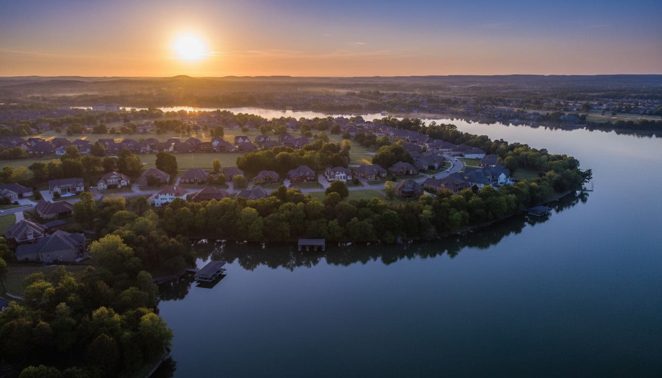 Hendersonville golden hour sunset with boat docks and peninsula homes in top rated Nashville bedroom communities