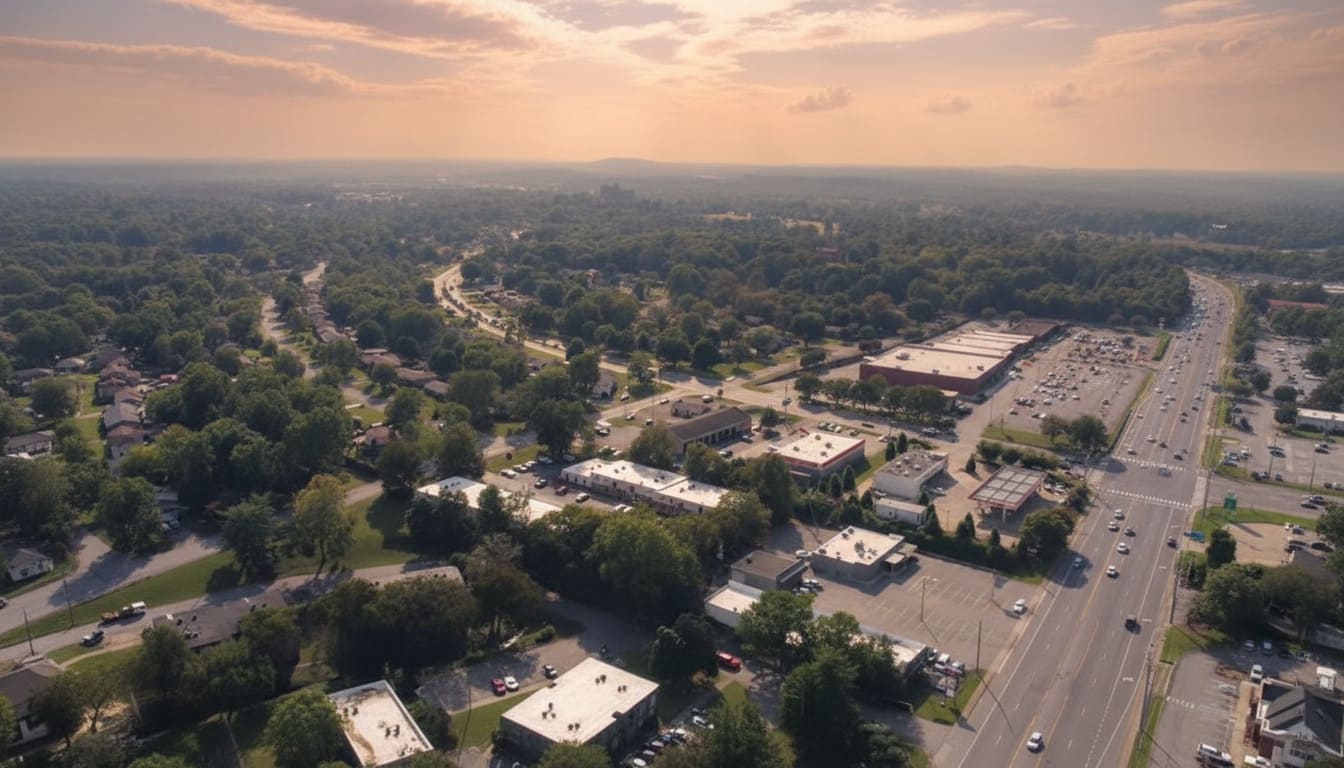Hermitage residential community at twilight with winding streets and hundreds of homes among Nashville suburbs for working professionals