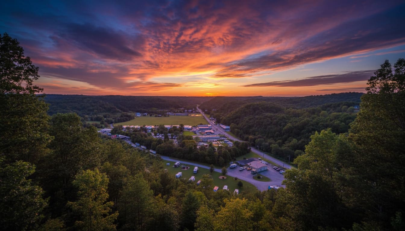 La Vergne dramatic sunset over valley with highway commercial area and forested hills in affordable Nashville suburbs with nature