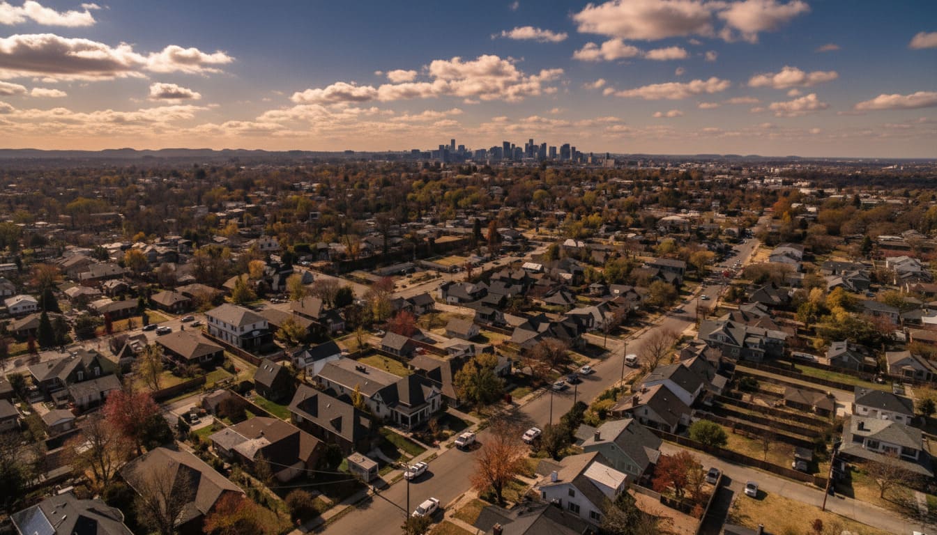 Lockeland Springs sunset on main street with two story brick buildings in low stress commute Nashville areas