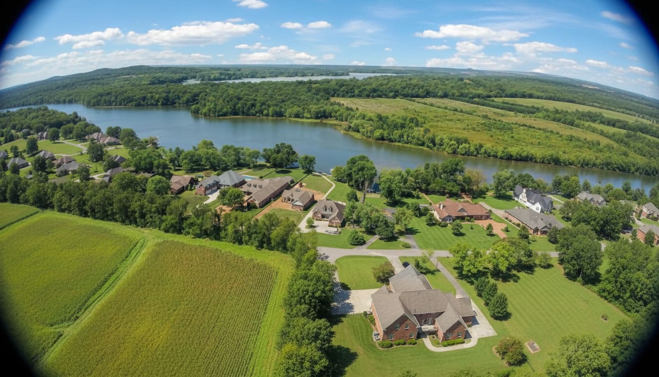 Mount Juliet large estate homes with green lawns on calm water in lakefront communities in Nashville