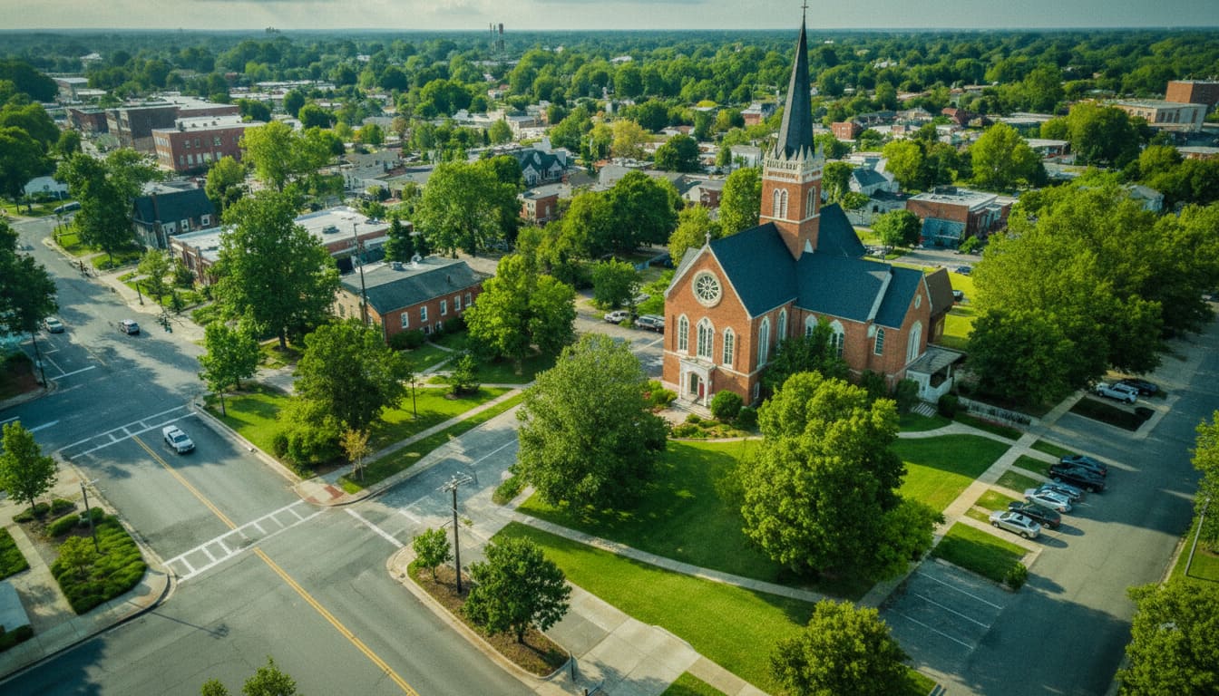 Murfreesboro red brick church with tall spire on town square in best Nashville suburbs for families