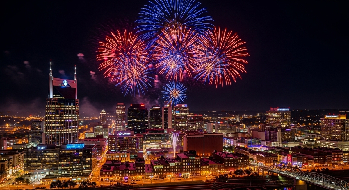 Stunning red white blue fireworks display above Nashville skyline with AT&T Building during 4 July celebration
