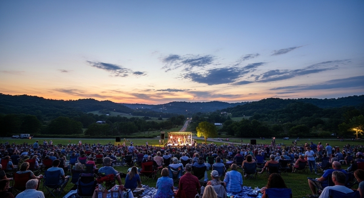 Crowd enjoying things in Nashville at night at Full Moon Pickin Party under twilight sky outdoors