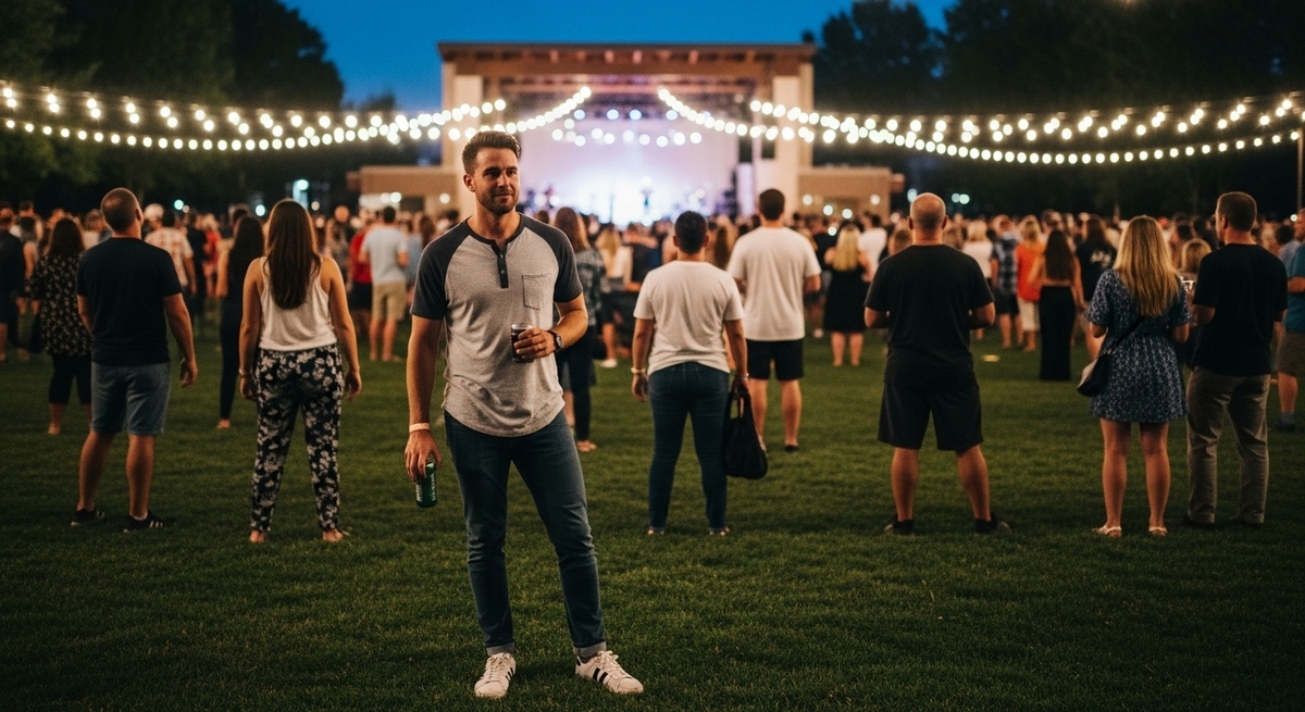 Man at Nashville July events enjoying outdoor music festival with string lights and live stage entertainment