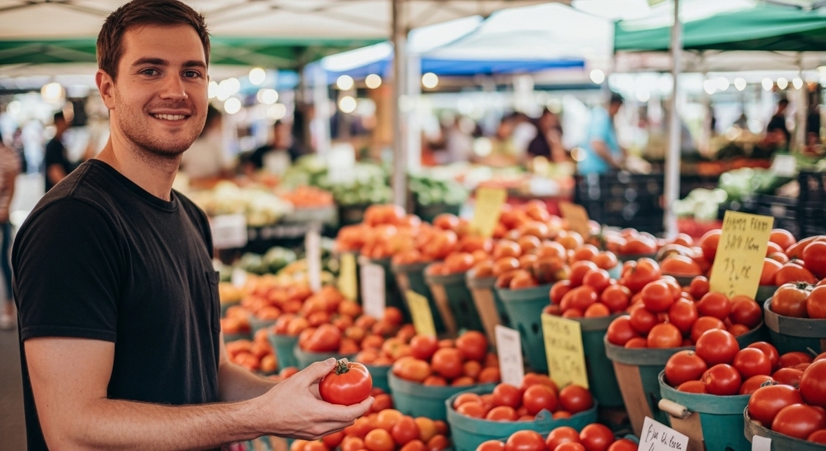 Myself selecting fresh tomatoes at Nashville farmers market festival with colorful unique produce displays in July