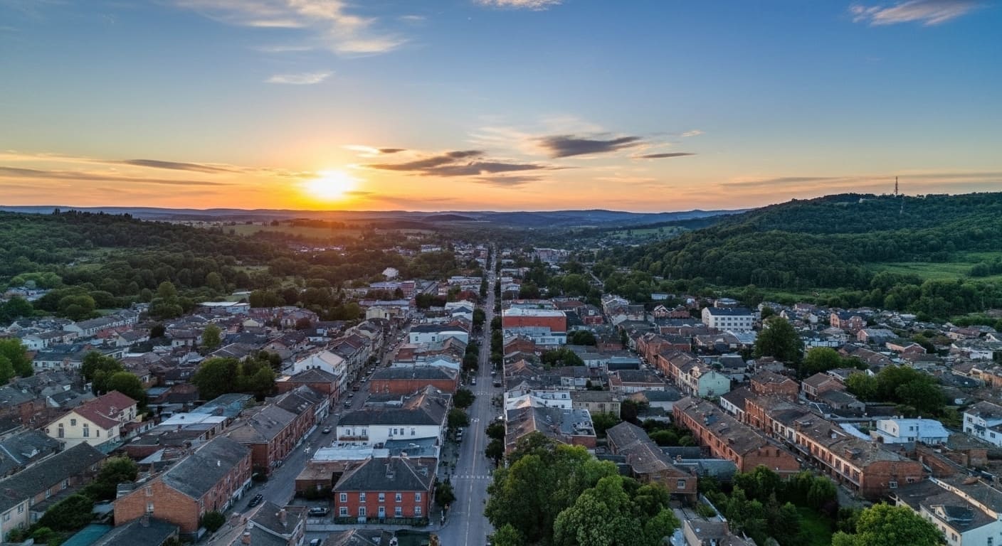 Nolensville vintage brick buildings around circular plaza with tall Confederate monument in walkable Nashville suburbs with history